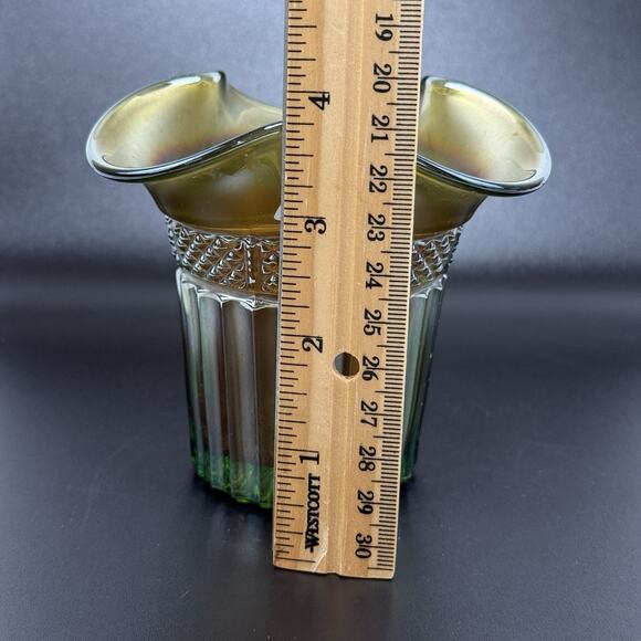 Vintage Northwood Carnival Glass Vase Ruffle Hat Green Iridescent 3.75" Tall - Picture 14 of 15